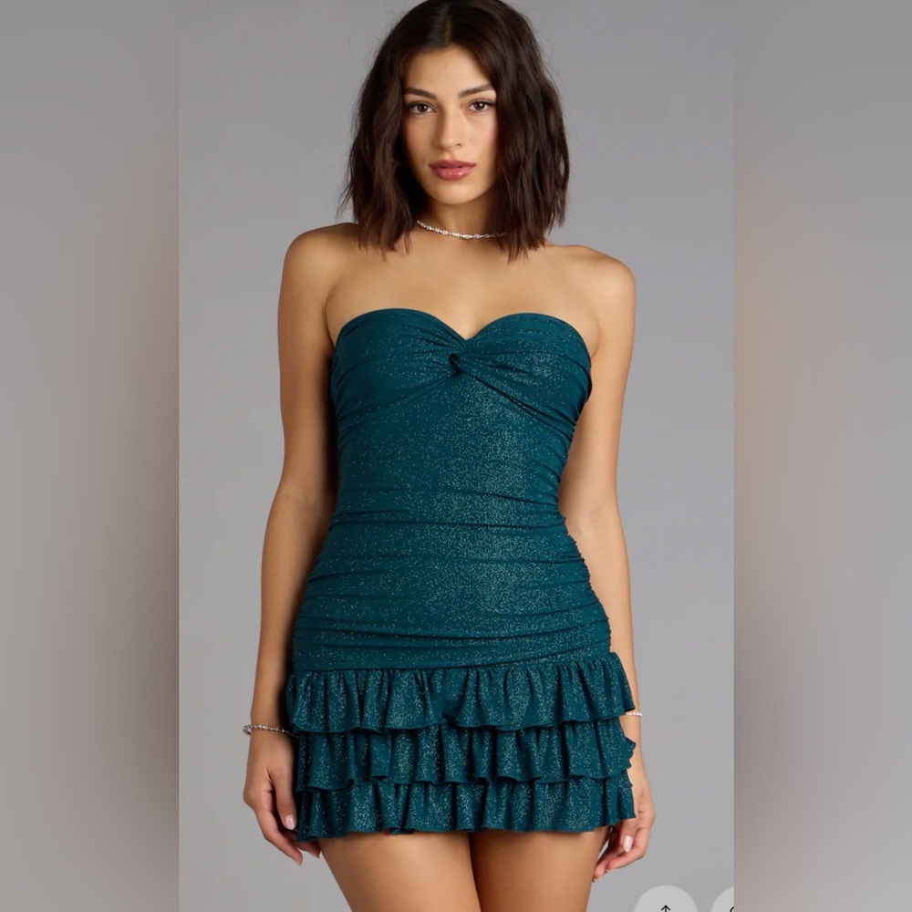 Windsor Strapless Teal Ruffle Dress